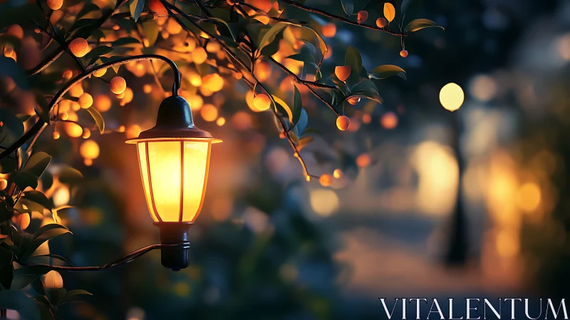 Glowing garden lantern among branches at dusk street scene.