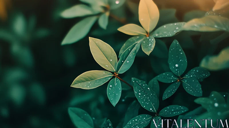 Rain-kissed green leaves form a shallow-depth botanical study