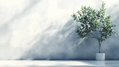 Minimalist potted tree rendered against soft diffused wall light