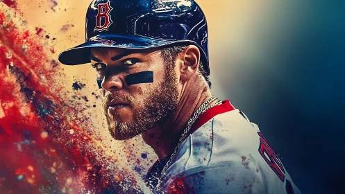 Grit-eyed slugger in explosive color storm of baseball focus.