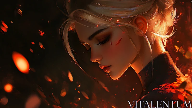 Profile view of female figure amid orange embers in dark field.