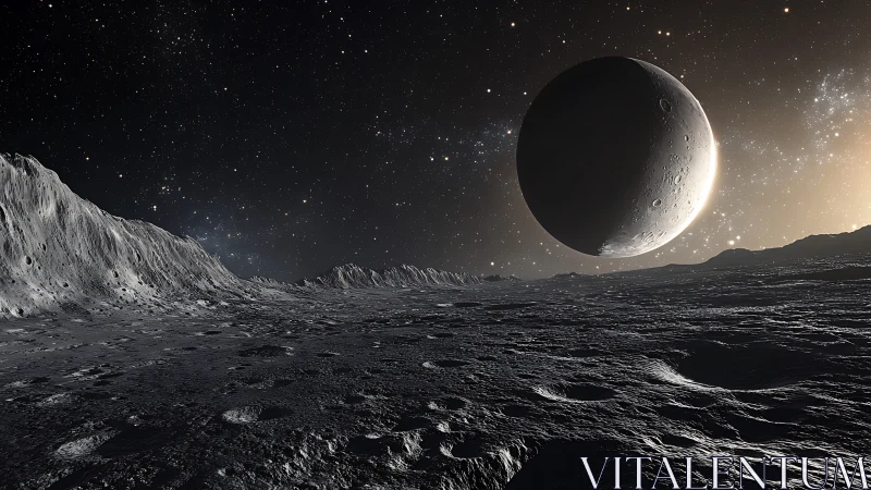 Lunar-like rocky surface under crescent planet and dense stars