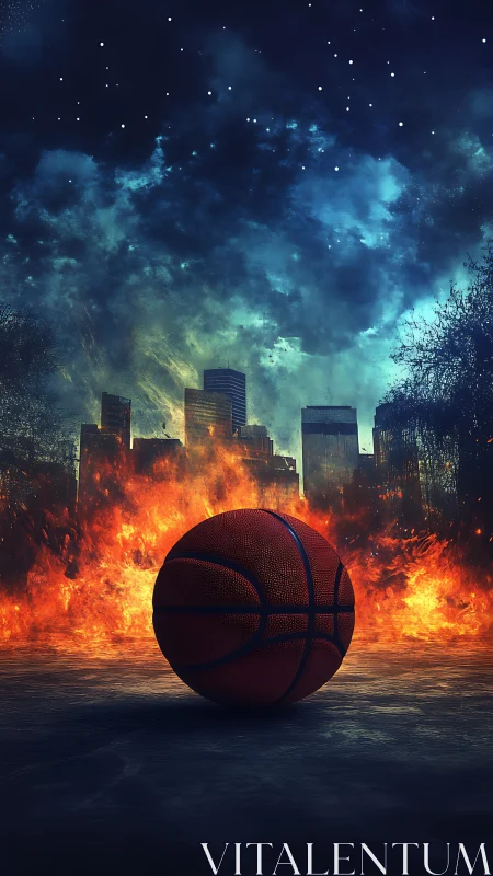 Basketball sits before burning city skyline under night sky