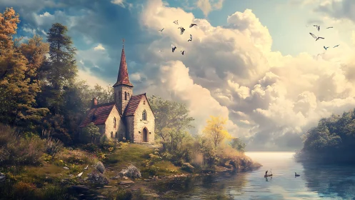 Idyllic lakeside chapel rendered in luminous digital realism