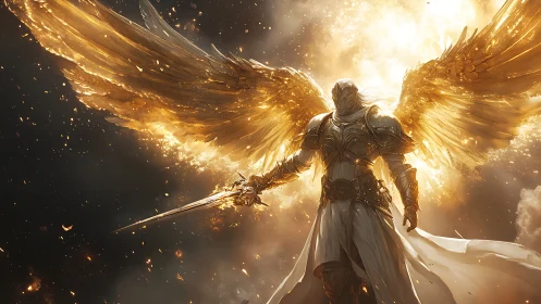 Armored seraphim warrior spreads blazing golden wings.