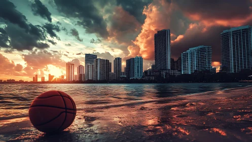 Photorealistic coastal skyline with foreground basketball study.