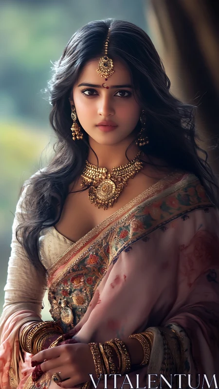 Woman in ornate saree with layered gold traditional jewelry.