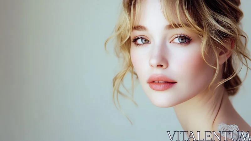 Softly lit digital portrait captures serene blonde woman gaze