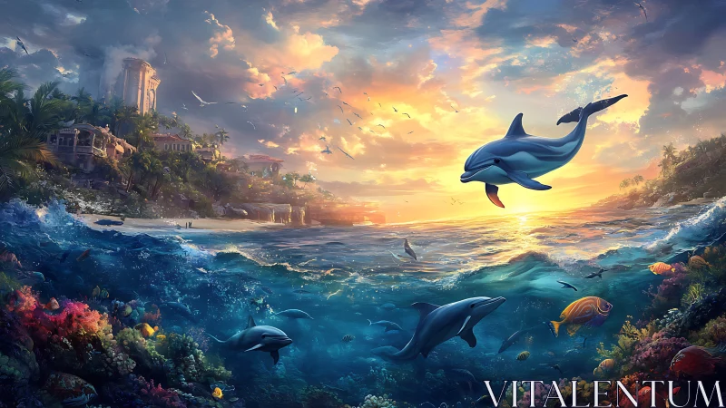Dolphins glide through sunset surf over radiant coral reef.