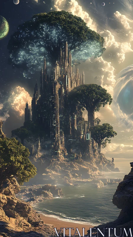 Colossal arboreal megacity rises above misty ocean shore