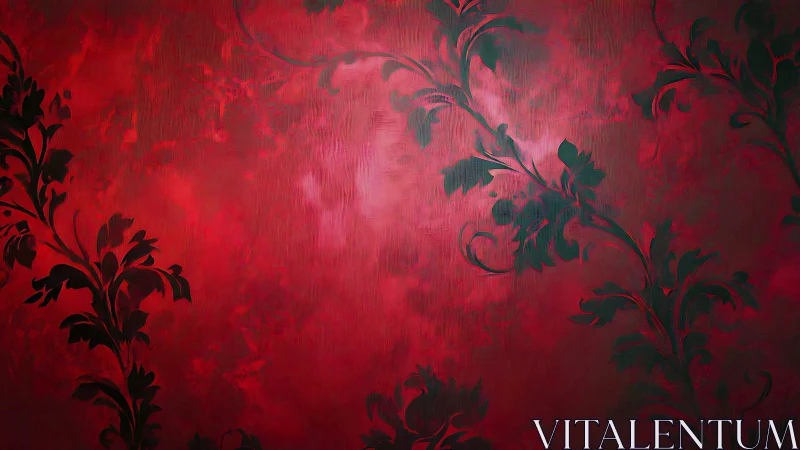 Crimson ornamental foliage on textured painterly red ground.