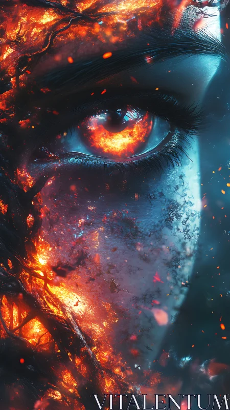 Fiery eye gazes through swirling embers and creeping frost