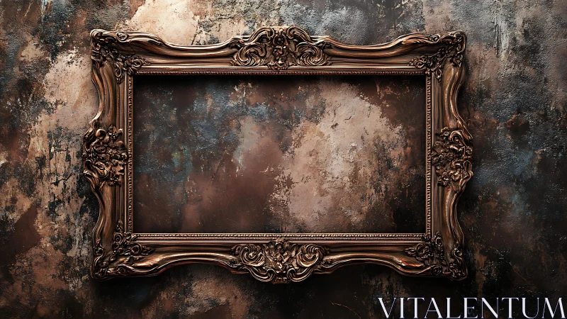 Empty ornate gold frame on textured dark painted wall.