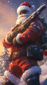 Tactical Santa Claus with rifle in snowy conifer forest at dusk