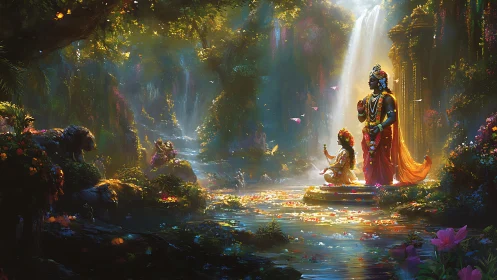 Divine figures illuminated by volumetric waterfall light in lush forest