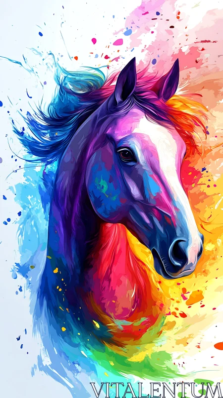 Vibrant rainbow horse portrait bursts with fluid color.