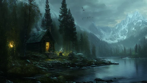 Cabin light warms rainy pine forest beside misty peaks