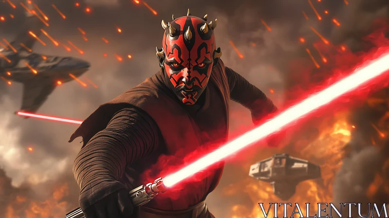 Sith warrior ignites twin lightsaber amid burning battlefront