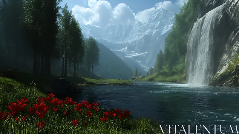 Mountain lake with waterfall, forest, and red wildflowers