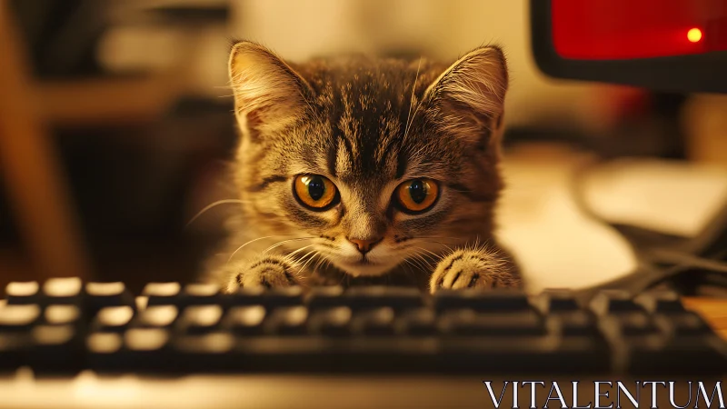 Tabby Cat at Desk with Intense Amber Eyes Stare.
