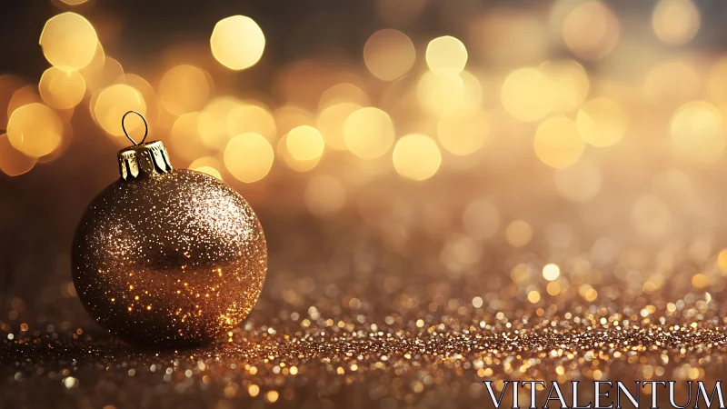 Golden holiday bauble glowing in soft festive sparkle.