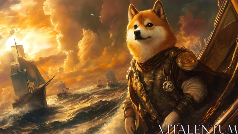 Heroic dog captain commands storm-lit fantasy fleet at sea