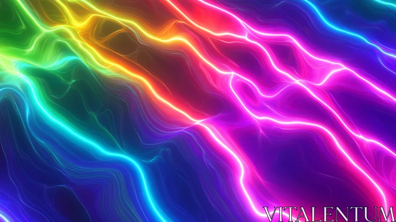 Glowing neon rainbow waves flow across a dreamy digital canvas