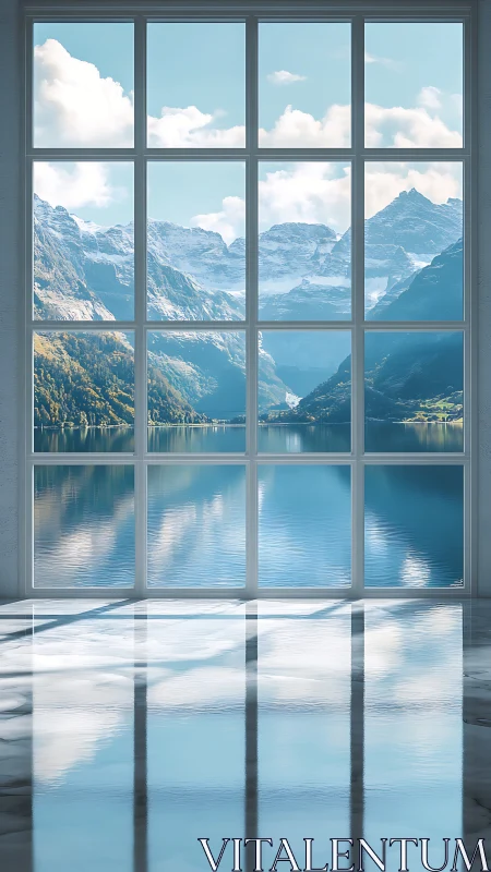 Large window framing lake and mountain landscape view.