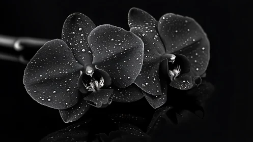 Dark Phalaenopsis Orchid Cluster with Hygroscopic Surface Droplets