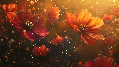 Luminous Cosmos Flowers: Digital Rendering of Radiant Botanical Elements