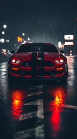 Red sports car cuts wet city street with intense headlamps