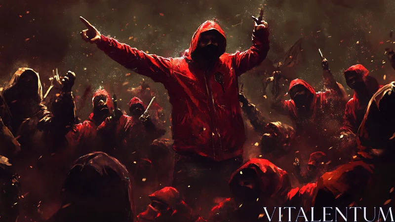 Hooded masked crowd in red jackets under dark smoky light.