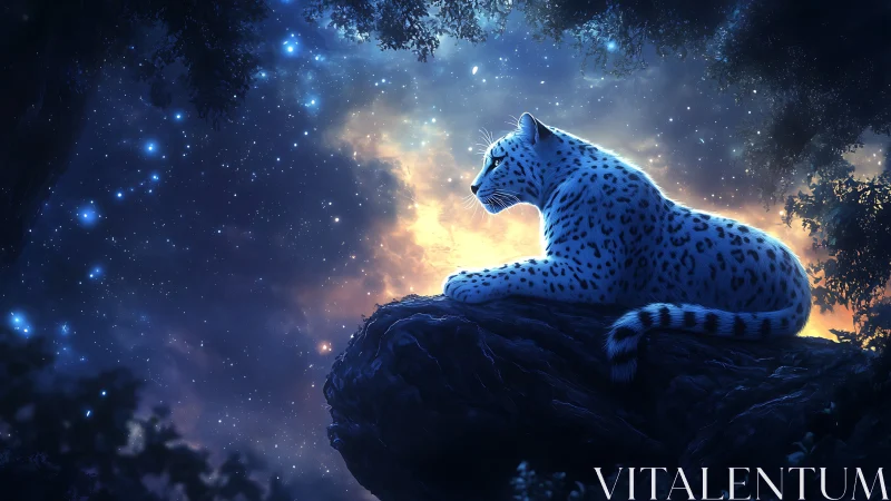 Snow Leopard on Mountain Peak at Night.