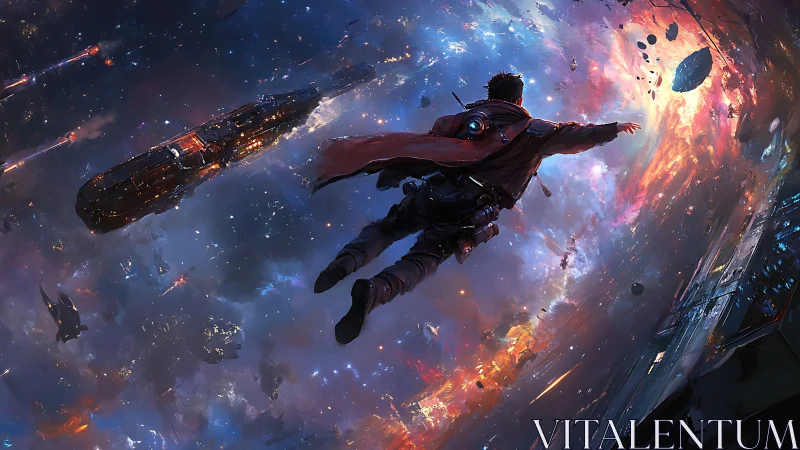 Space-suited pilot free-falls toward luminous wormhole vortex