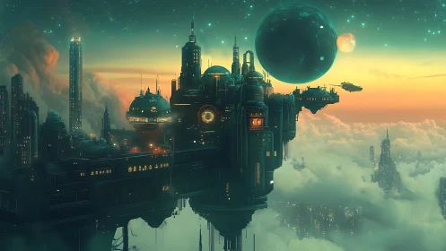Floating megacity drifts through neon clouds at sunset.