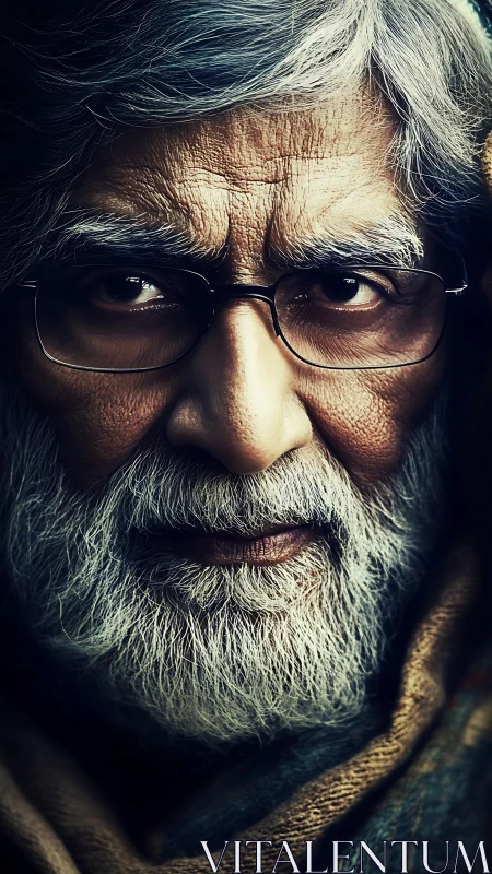 Photorealistic elder portrait with dramatic chiaroscuro focus.