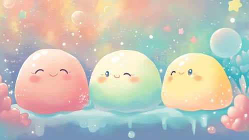 Three rounded characters in gradient pastel environment.