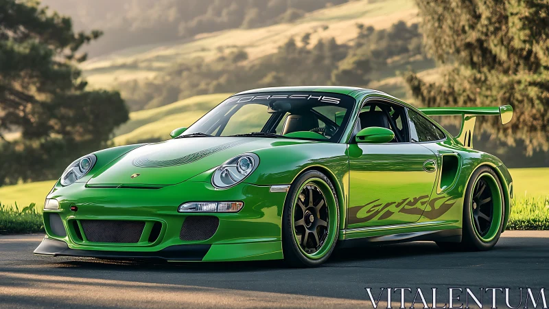 Vivid green Porsche track car under warm evening light.