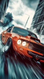 Streetstorm muscle car drifts through thunderous neon rain.