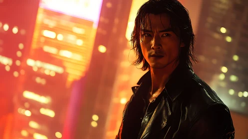 Brooding loner stands in neon city glow at nightfall.