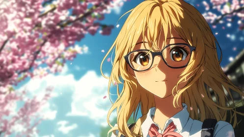 Student with glasses under cherry blossoms in daylight.