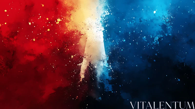 Red and blue abstract split by bright textured white column.