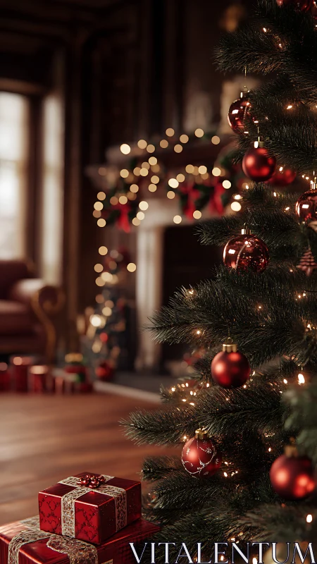Decorated indoor Christmas tree with lights and wrapped gifts.