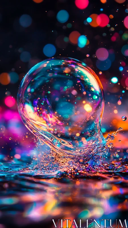 Prismatic water droplet explodes through neon bokeh glow.