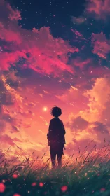 Silhouette of lone figure under vivid sunset sky.