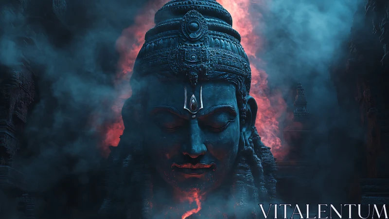 Massive blue stone deity head framed by red and blue smoke