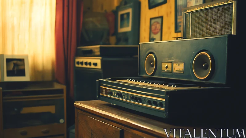 Vintage keyboard and speakers glow softly in a cozy room