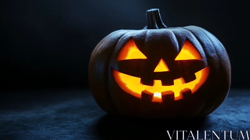 Glowing jack-o’-lantern smiles in a dark Halloween scene.