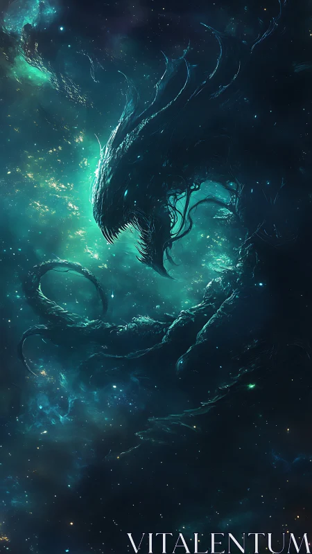 Cosmic leviathan coils through teal nebula void. Period.