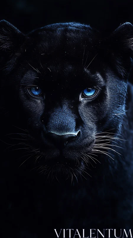 Black Panther with Piercing Blue Eyes Staring Forward.